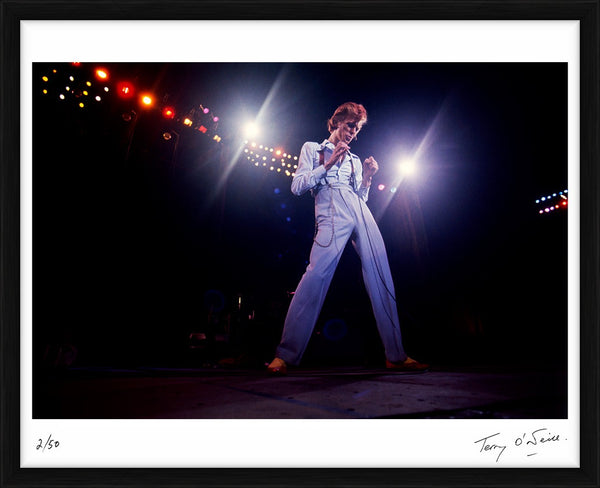 David Bowie performing at the Universal Amphitheatre, 1974 — Limited Edition Print, framed - Terry O'Neill