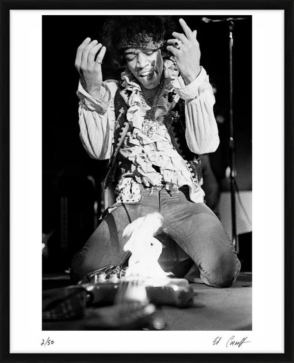 Jimi Hendrix burning his Stratocaster, 1967 — Limited Edition Print, framed - Ed Caraeff