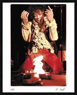 Jimi Hendrix burning his Stratocaster (colourised), 1967 - Digitally Signed Limited Edition Print by Ed Caraeff – Limited Edition Print.