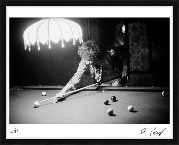 Jimi Hendrix shooting pool, 1967 — Limited Edition Print, framed - Ed Caraeff