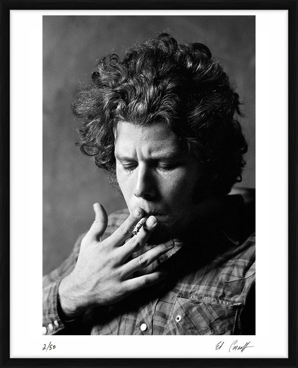 Tom Waits smoking during a Studio Session, 1972 — Limited Edition Print, framed - Ed Caraeff