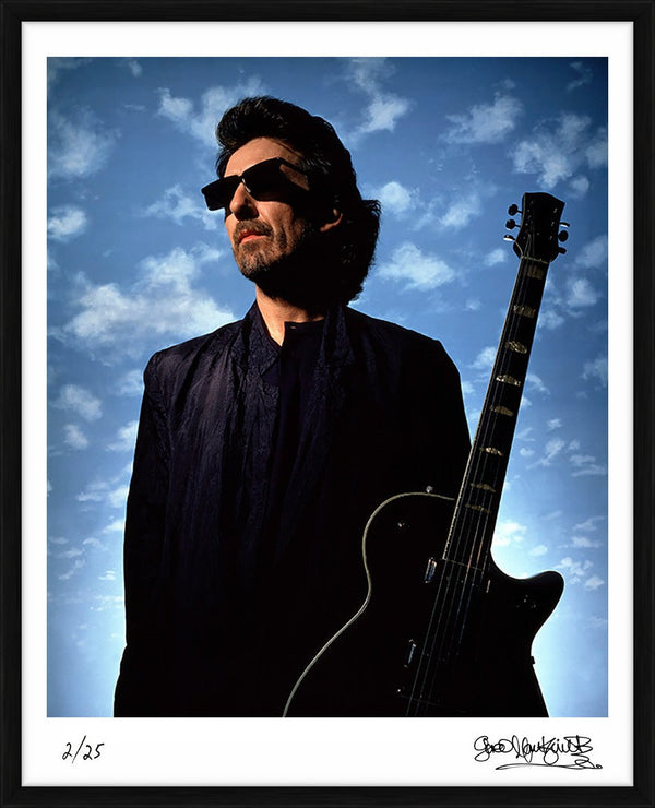 English guitarist, singer-songwriter, and producer George Harrison photographed in London, 1986 — Limited Edition Print, framed - Gered Mankowitz