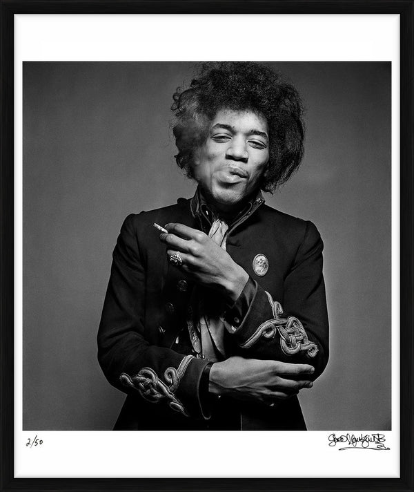 Jimi Hendrix smiles whilst smoking, 1967 — Limited Edition Print, framed - Gered Mankowitz