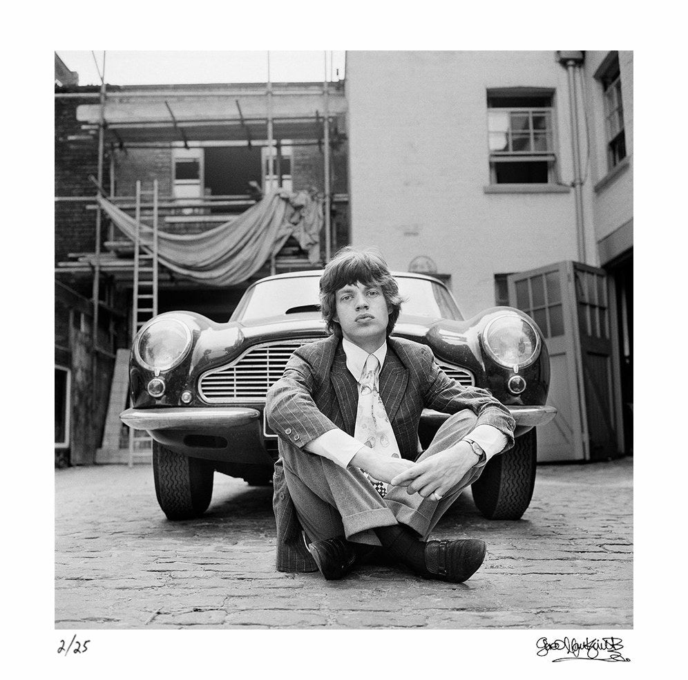 Mick Jagger with his Aston Martin DB6, 1966 – Limited Edition Print by Gered Mankowitz – Limited Edition Print.