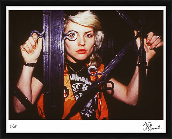 Debbie Harry peaking through an iron fence, 1978 — Limited Edition Print, framed - Janet Macoska
