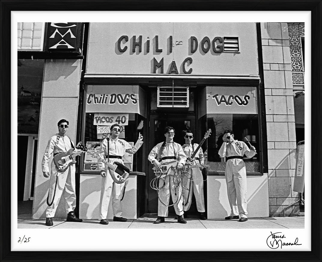 Devo outside Chilli Dog Mac, 1978 by Janet Macoska – Limited Edition Print.