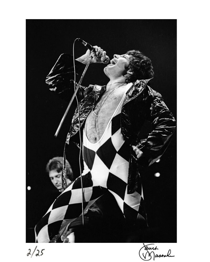 Freddie Mercury on stage at the Richfield Coliseum, 1977 by Janet Macoska – Limited Edition Print.