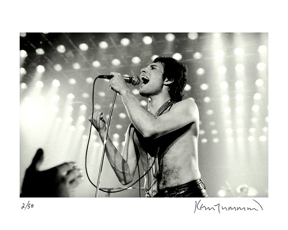 Freddie Mercury performing at the Manchester Apollo, 1979 by Kevin Cummins – Limited Edition Print.