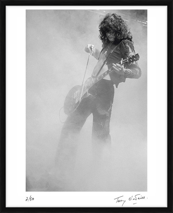 Jimmy Page at Earls Court Exhibition Centre, 1975 — Limited Edition Print, framed - Terry O'Neill