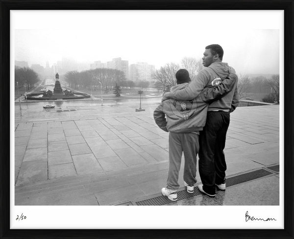 Jimmy Young & his son on the Rocky steps, 1991 — Limited Edition Print, framed - Michael Brennan