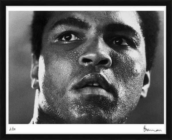 Muhammad Ali training session headshot, 1977 — Limited Edition Print, framed - Michael Brennan