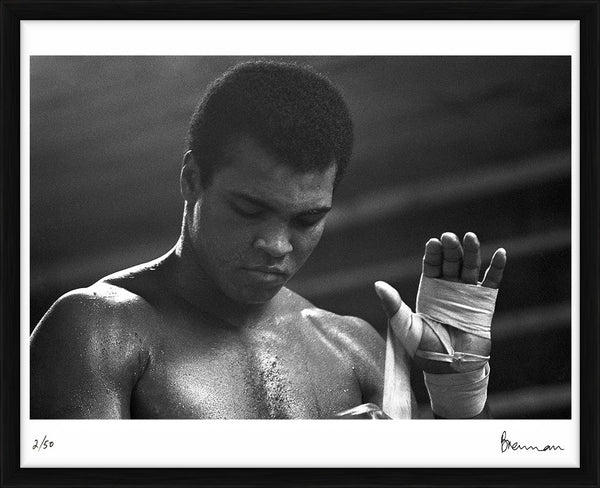 Muhammad Ali taping his hands, 1977 — Limited Edition Print, framed - Michael Brennan
