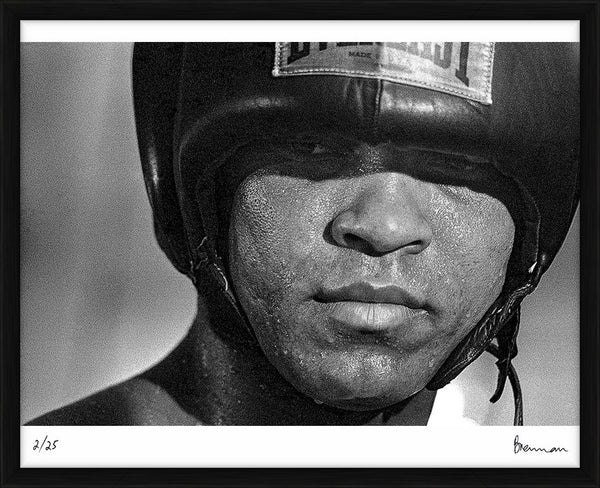 Muhammad Ali in protective headgear, 1975 — Limited Edition Print, framed - Michael Brennan