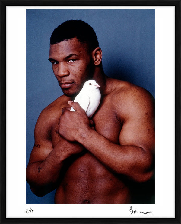 Mike Tyson with his tumbler pigeon, 1985 — Limited Edition Print, framed - Michael Brennan