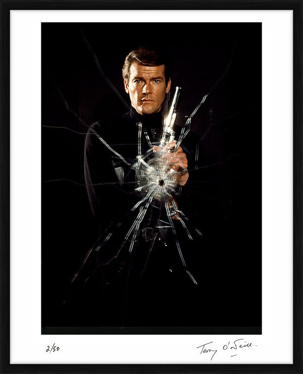 Roger Moore as James Bond poses as superspy, 1973 — Limited Edition Print, framed - Terry O'Neill