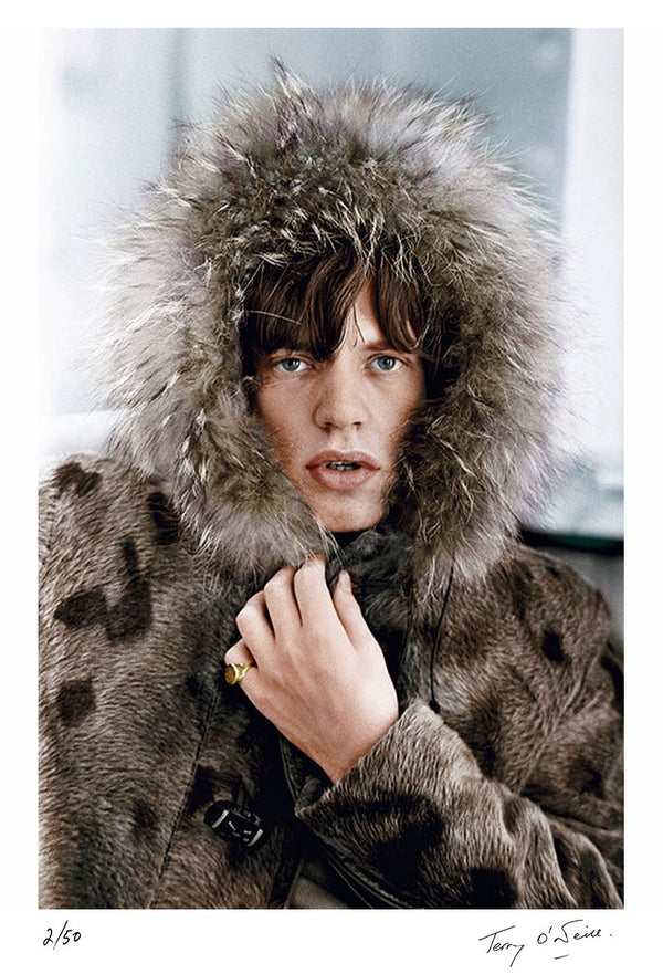 Mick Jagger in a fur parka (colourised), 1964 — Signed Limited Edition Print - Terry O'Neill