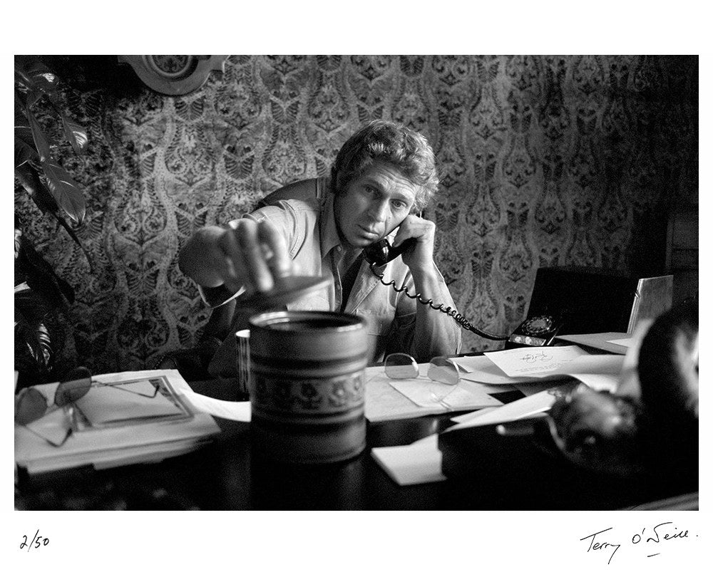 Steve McQueen in his Hollywood office, 1969 by Terry O'Neill – Limited Edition Print.