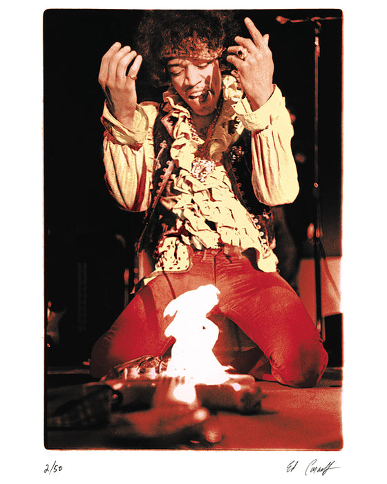 Jimi Hendrix burning his Stratocaster (colorized), 1967  — Limited Edition Print - Ed Caraeff