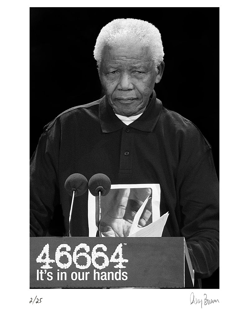 Nelson Mandela speaking at his 90th birthday, 2008 by Greg Brennan – Limited Edition Print.