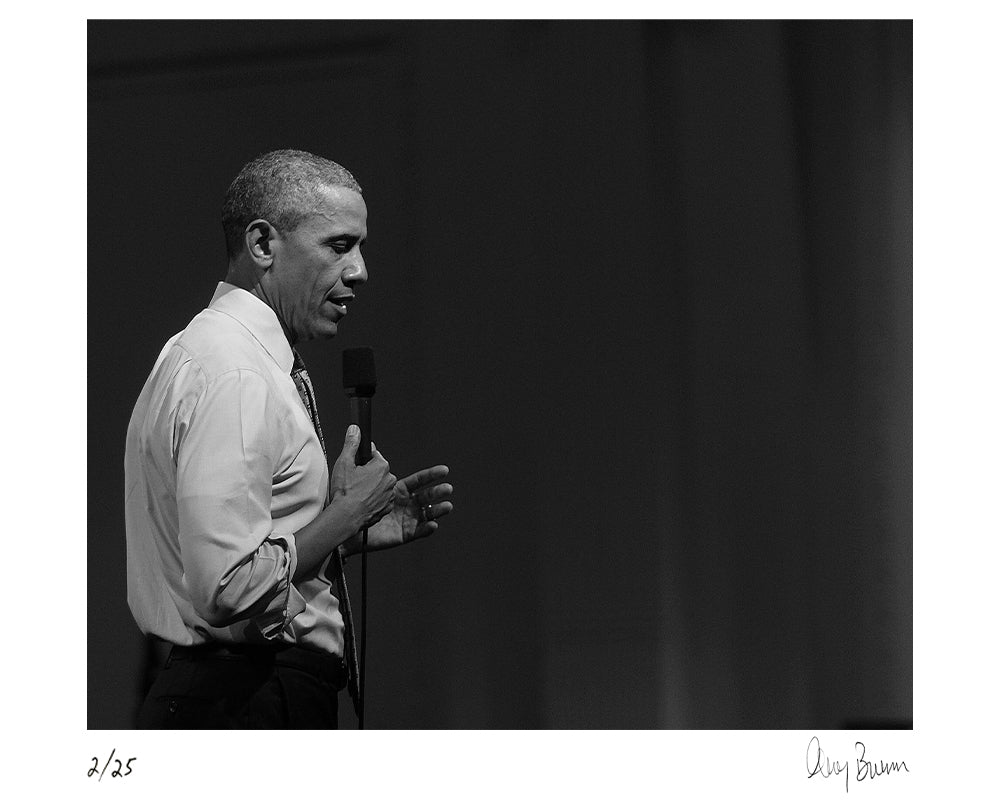 Barack Obama speaking at London Town Hall, 2016 by Greg Brennan – Limited Edition Print.