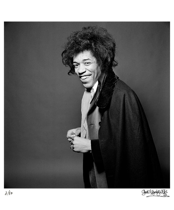 Jimi Hendrix smiling in a cape, 1967 — Limited Edition Print - Gered Mankowitz