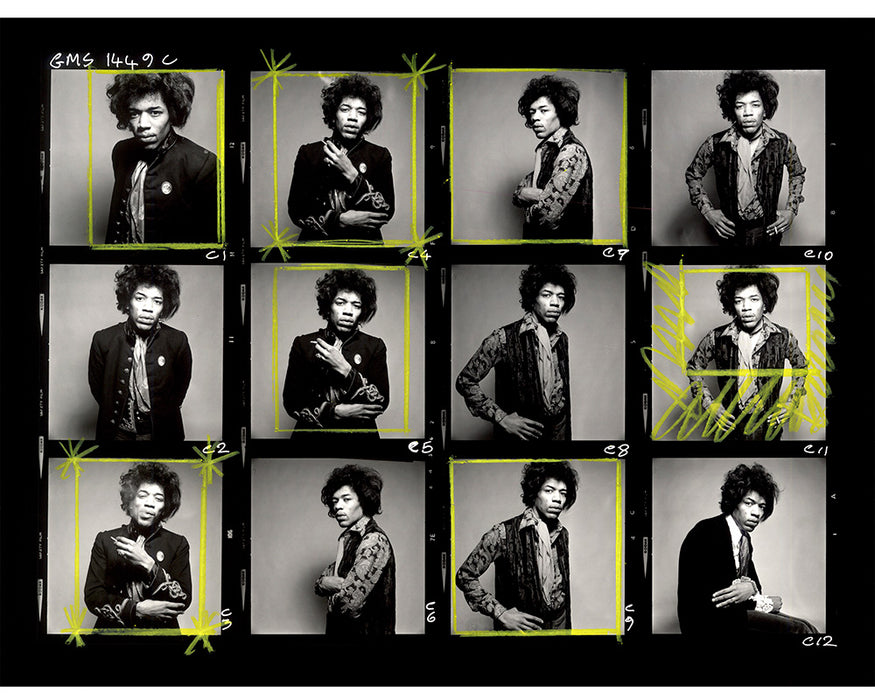 Jimi Hendrix annotated contact sheet, 1967 — Limited Edition Print - Gered Mankowitz