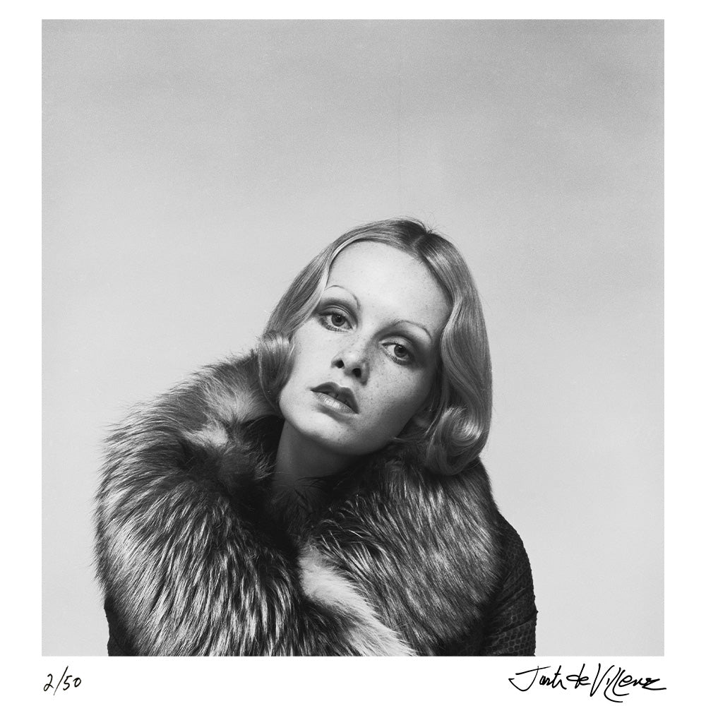 Twiggy in fur by Ossie Clark, circa 1972 by Justin de Villeneuve – Limited Edition Print.