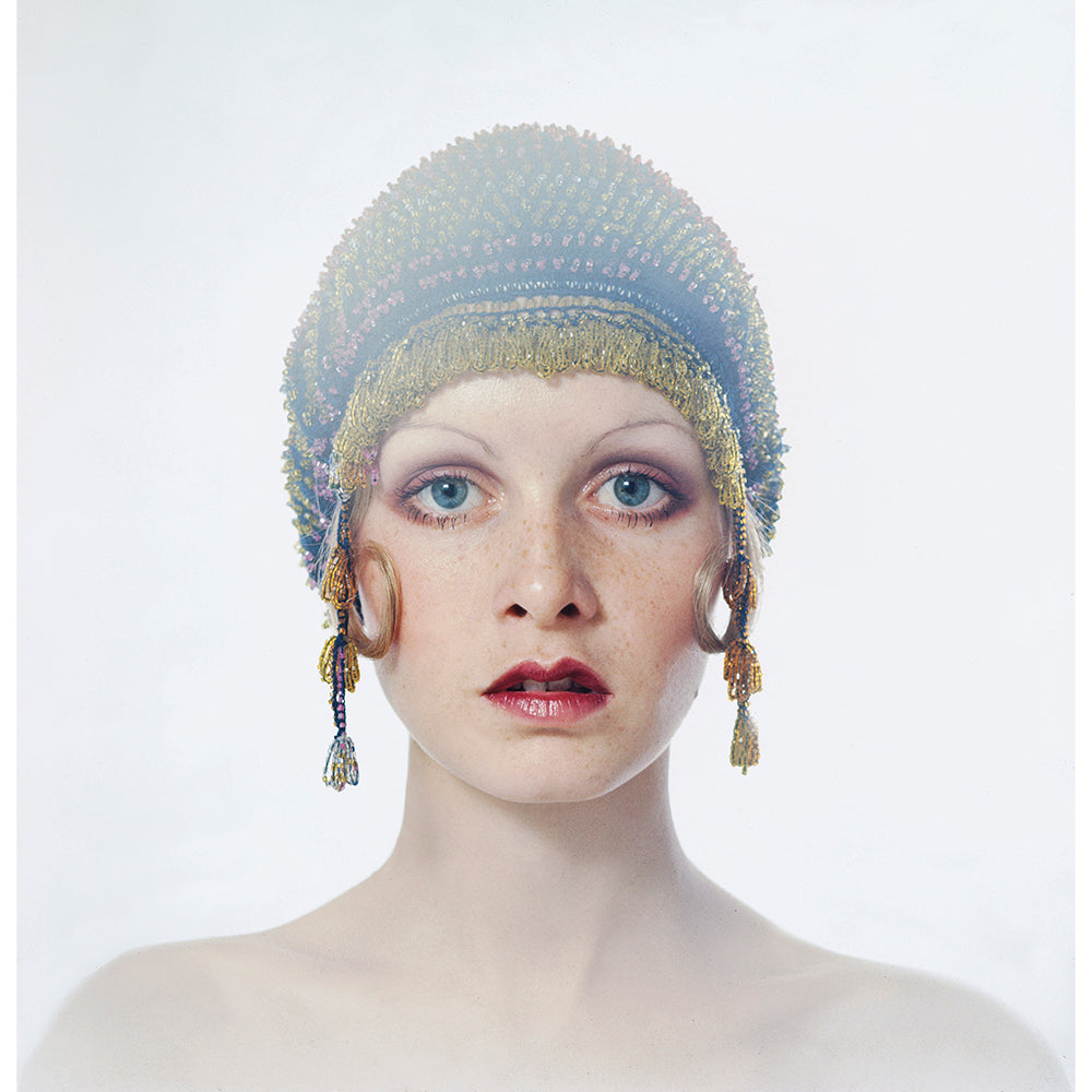 Twiggy wearing a beaded cap, circa 1971 — Limited Edition Print - Justin De Villeneuve