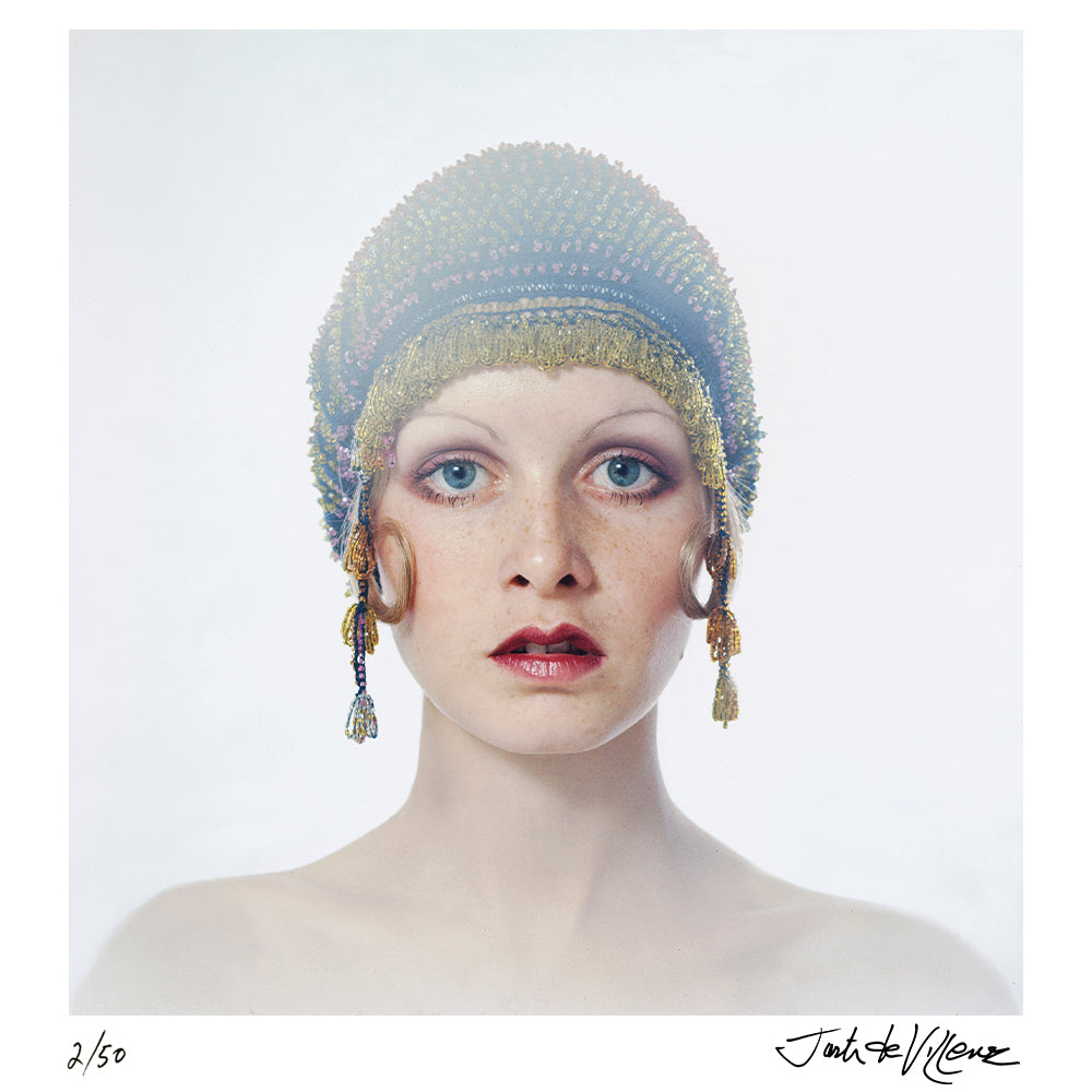 Twiggy wearing a beaded cap, circa 1971 by Justin de Villeneuve – Limited Edition Print.