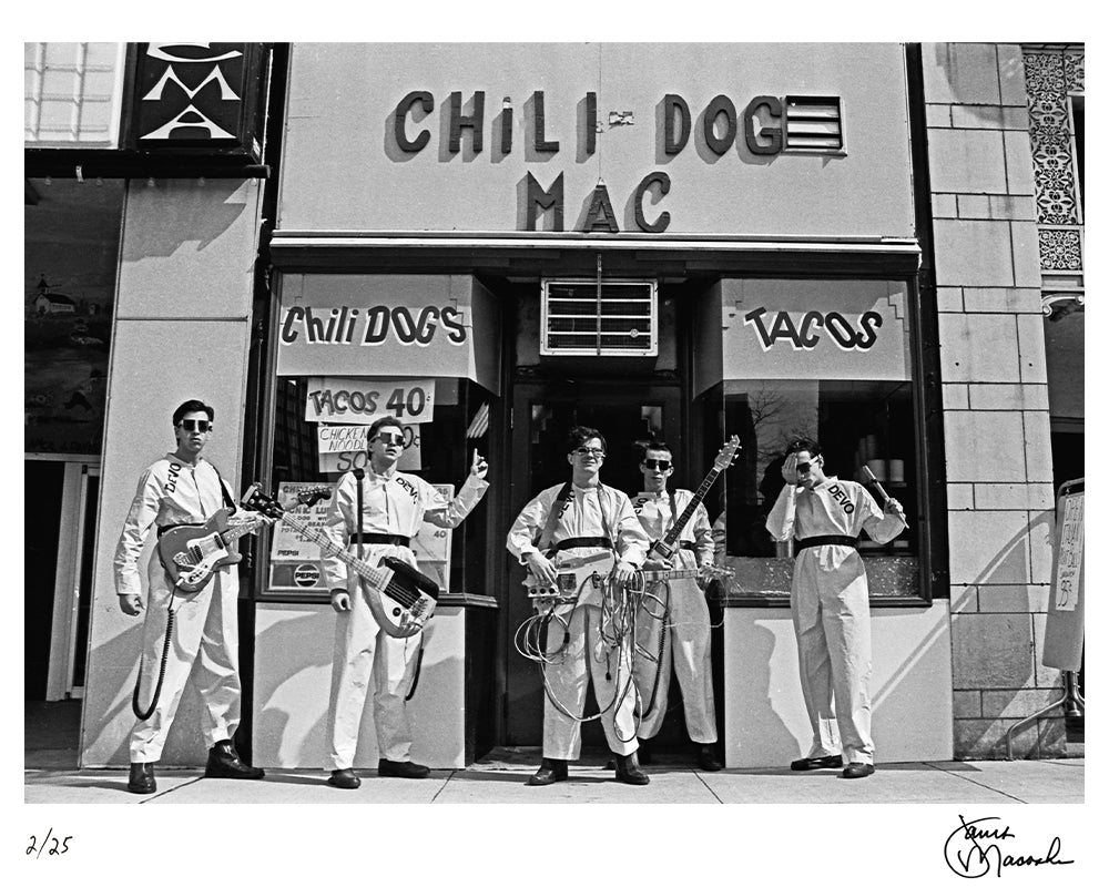 Devo outside Chilli Dog Mac, 1978 by Janet Macoska – Limited Edition Print.
