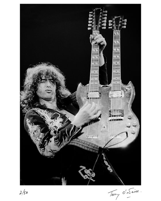 Jimmy Page playing his double neck Gibson, 1975 — Limited Edition Print - Terry O'Neill