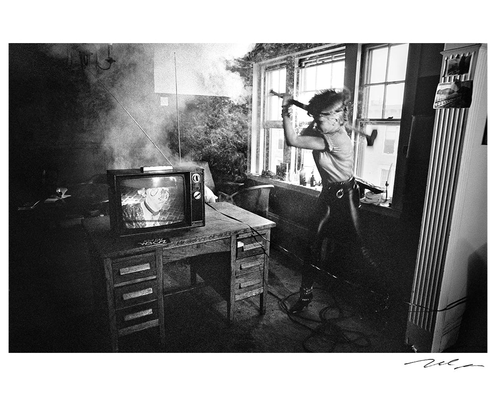 Wendy O. Williams smashes a TV, 1980 — Limited Edition Print - Michael Grecco