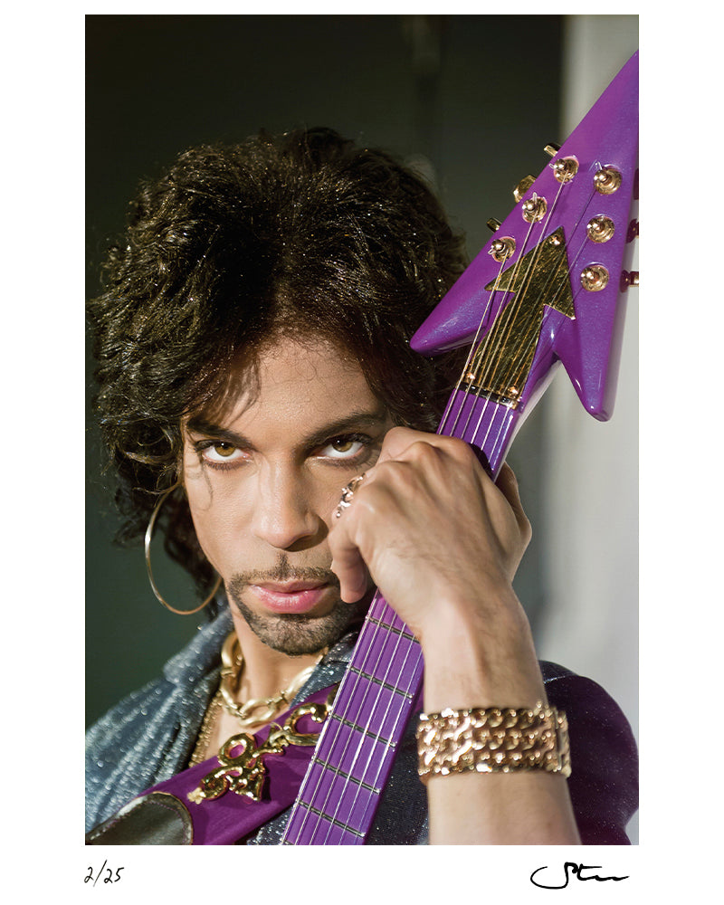 Prince with his purple symbol guitar, 1999 by Steve Parke – Limited Edition Print.