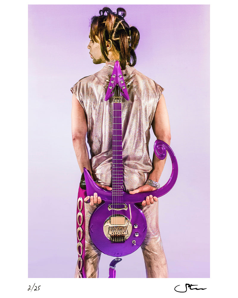 Prince with his signature guitar behind his back — Limited Edition Print - Steve Parke