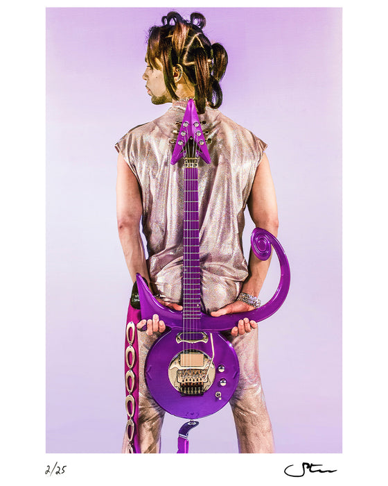 Prince with his signature guitar behind his back — Limited Edition Print - Steve Parke