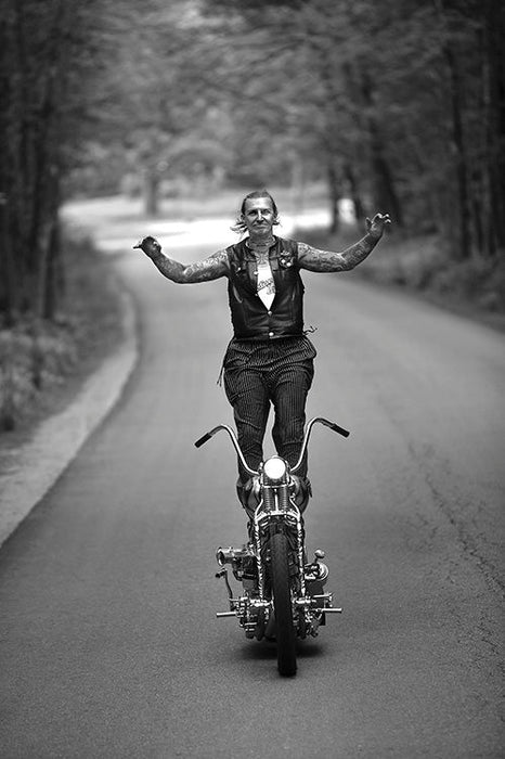 Indian Larry standing on his motorcycle, 2004 — Limited Edition Print - Tom Zimberoff